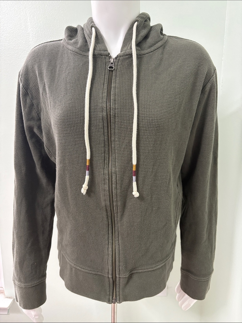 pact olive green full zip cotton thermal waffle hoodie sweatshirt jacket large
